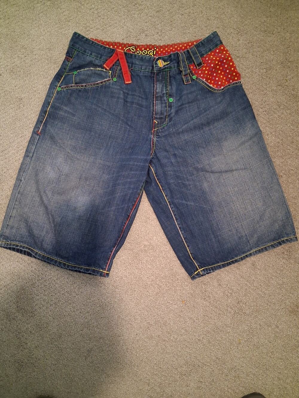 Vtg COOGI Denim Shorts Jorts Size 36 Baggy Embroidered Rainbow Wave Hip Hop Y2K